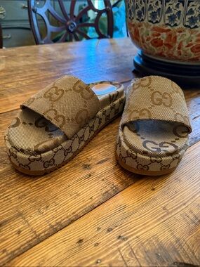 Gucci Brown Monogram Platform Slide Sandals for Women